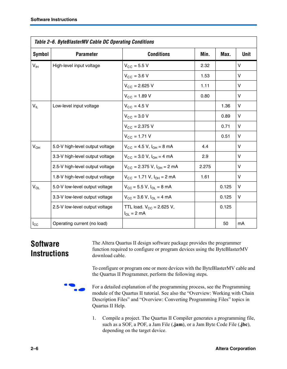 Software instructions, Software instructions –6 | Altera ByteBlasterMV User Manual | Page 24 / 26