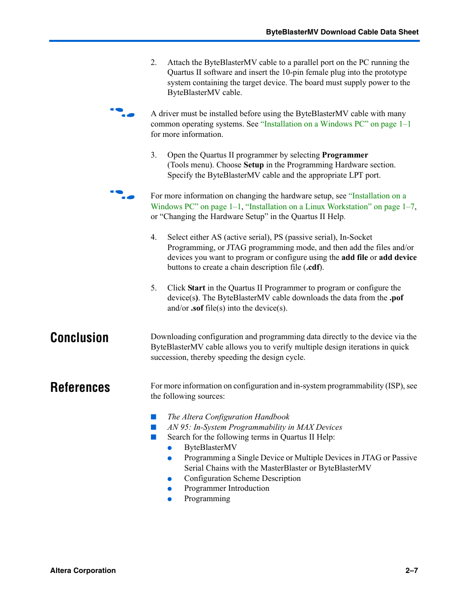 Conclusion, References, Conclusion –7 references –7 | Altera ByteBlasterMV User Manual | Page 25 / 26