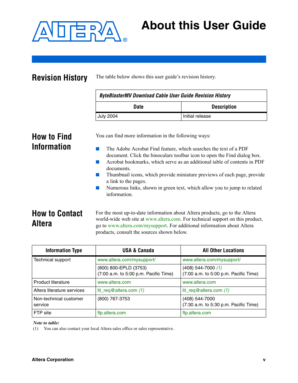 About this user guide, Revision history, How to find information | How to contact altera | Altera ByteBlasterMV User Manual | Page 5 / 26