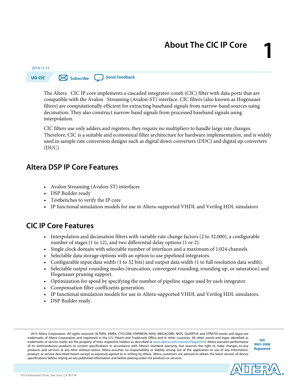 About the cic ip core, Altera dsp ip core features, Cic ip core features | About the cic ip core -1, Altera dsp ip core features -1, Cic ip core features -1 | Altera CIC MegaCore Function User Manual | Page 3 / 30