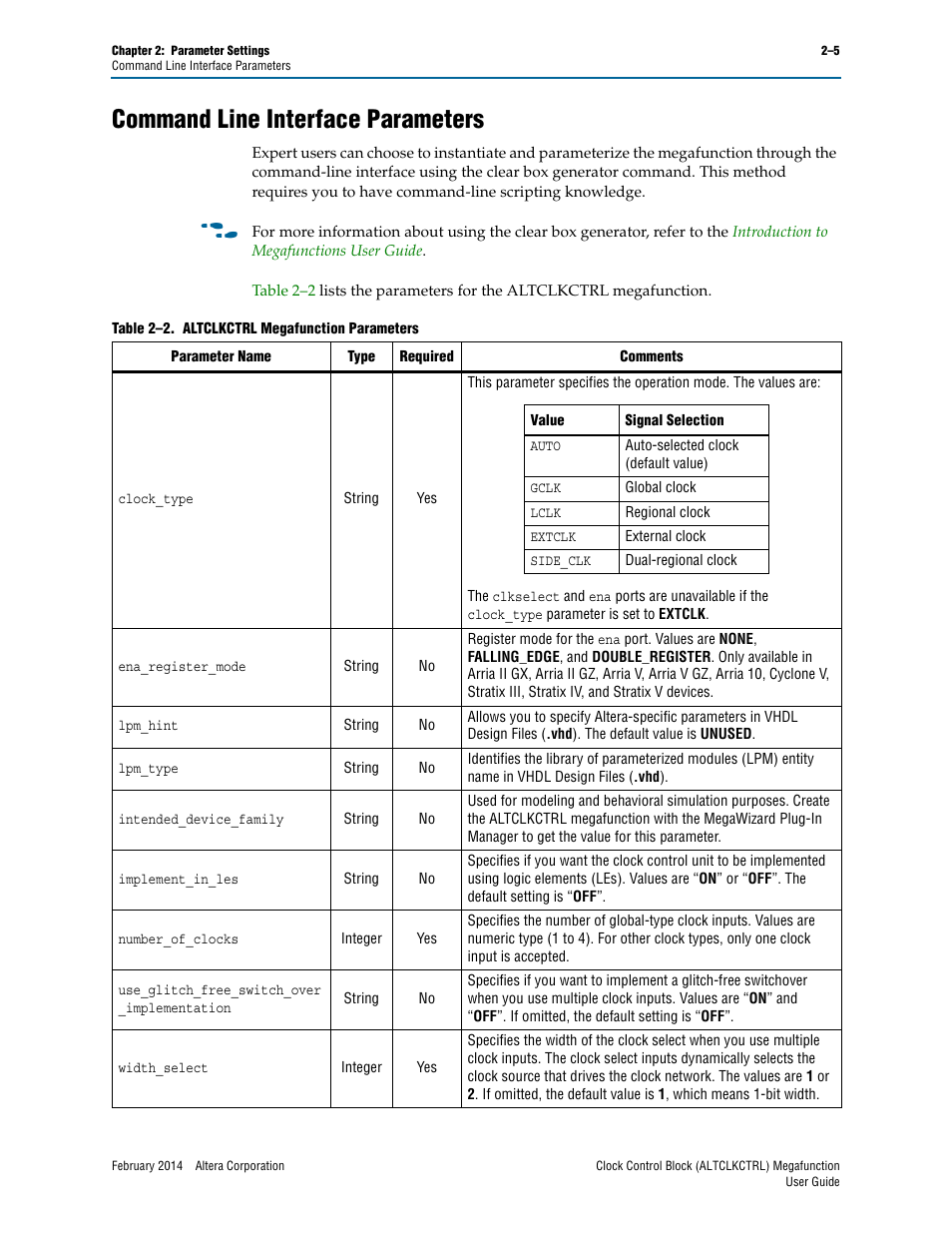 Command line interface parameters, Command line interface parameters –5 | Altera Clock Control Block IP Core User Manual | Page 11 / 26