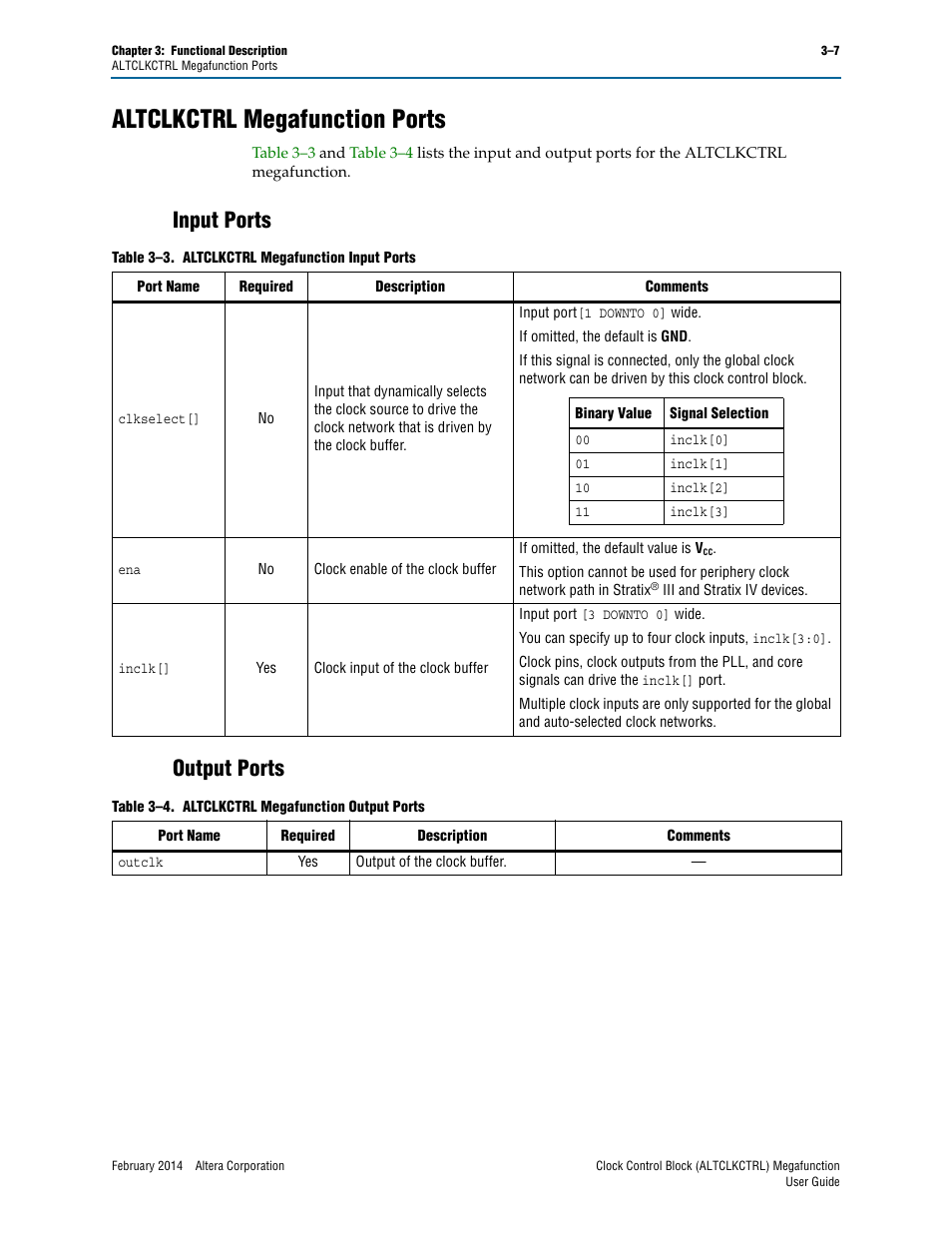 Altclkctrl megafunction ports, Input ports, Output ports | Altclkctrl megafunction ports –7, Input ports –7 output ports –7, Input ports output ports | Altera Clock Control Block IP Core User Manual | Page 19 / 26