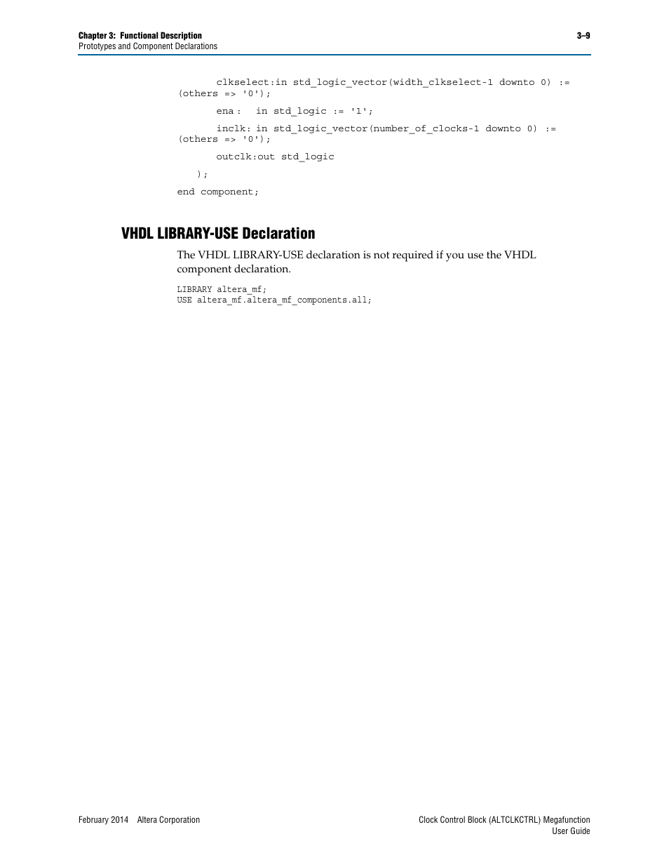 Vhdl library-use declaration, Vhdl library-use declaration –9 | Altera Clock Control Block IP Core User Manual | Page 21 / 26