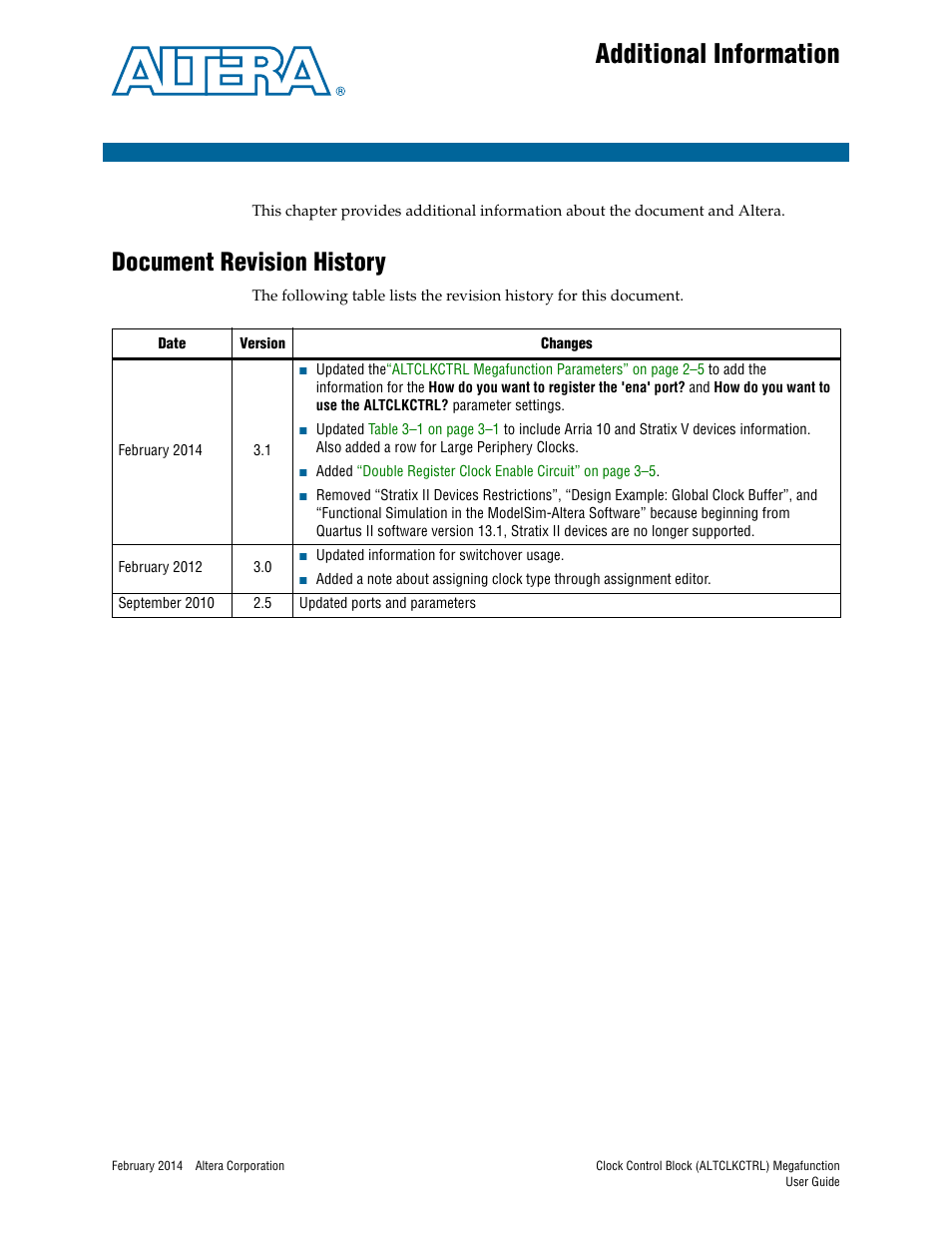 Additional information, Document revision history | Altera Clock Control Block IP Core User Manual | Page 23 / 26