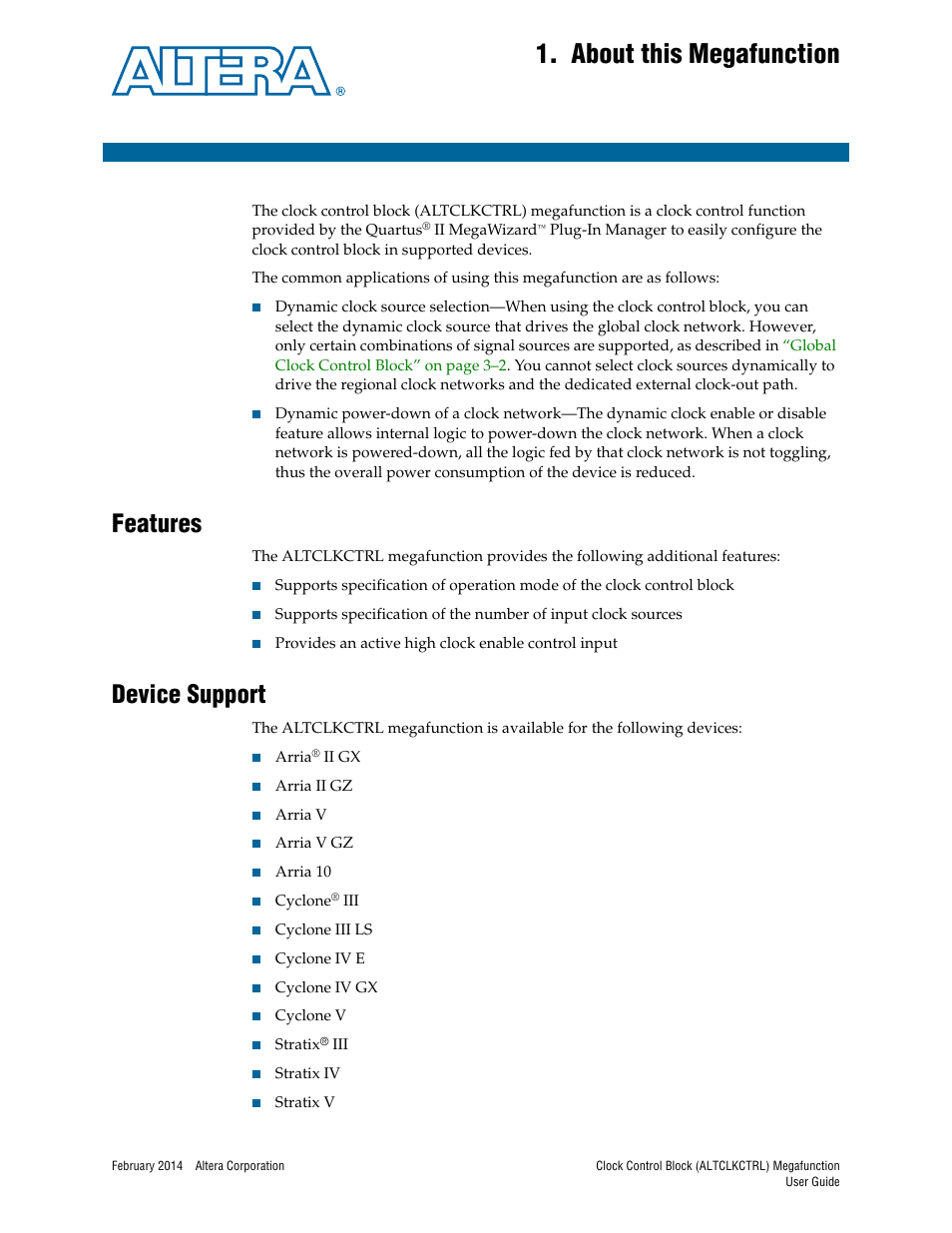 About this megafunction, Features, Device support | Chapter 1. about this megafunction, Features –1 device support –1 | Altera Clock Control Block IP Core User Manual | Page 5 / 26