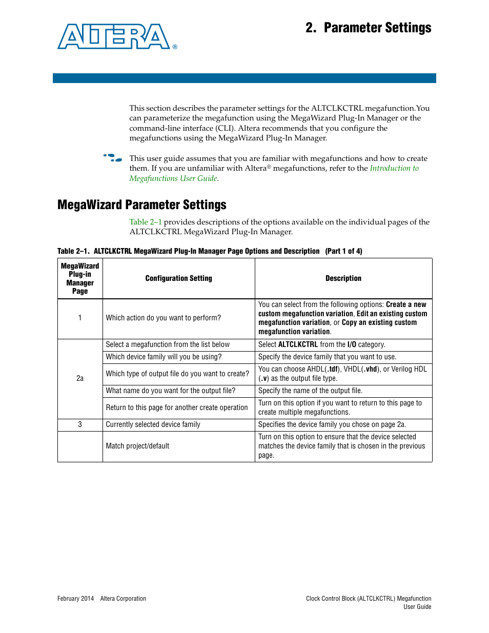 Parameter settings, Megawizard parameter settings, Chapter 2. parameter settings | Megawizard parameter settings –1 | Altera Clock Control Block IP Core User Manual | Page 7 / 26