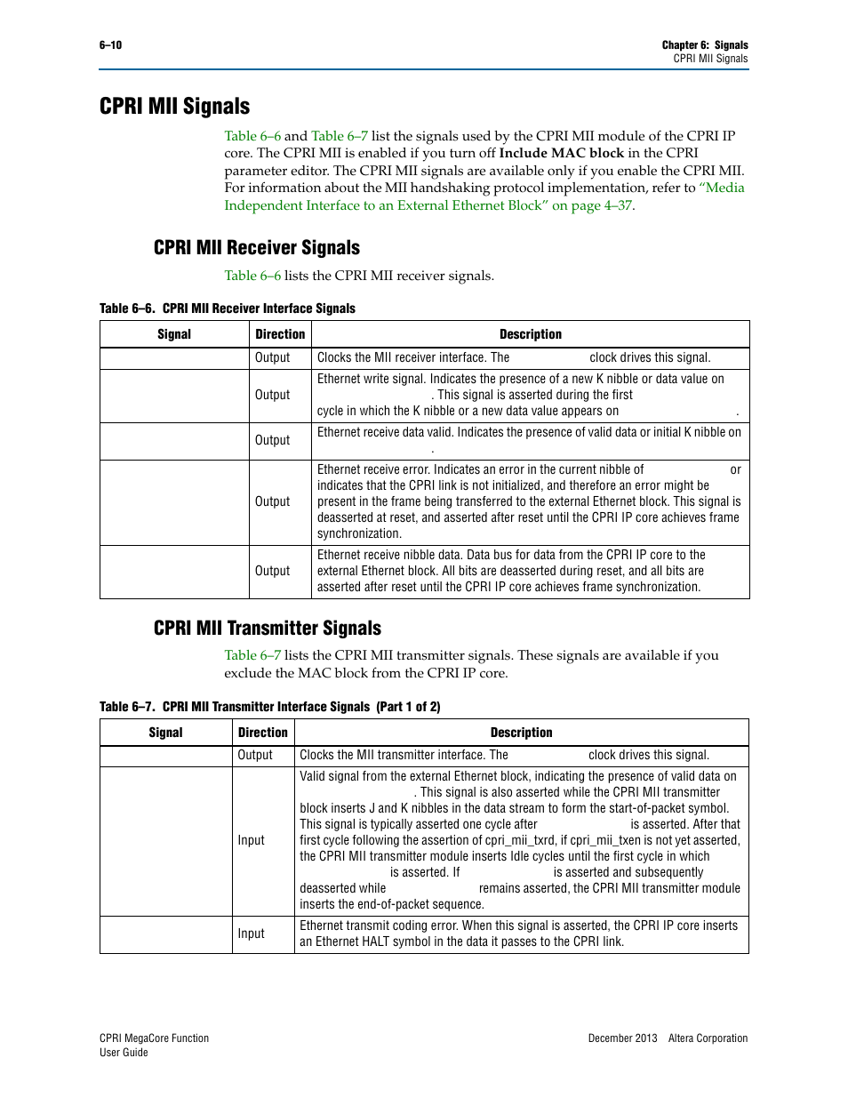 Cpri mii signals, Cpri mii receiver signals, Cpri mii transmitter signals | Cpri mii signals –10, Cpri mii, R to, Cpri mii receiver | Altera CPRI IP Core User Manual | Page 108 / 220