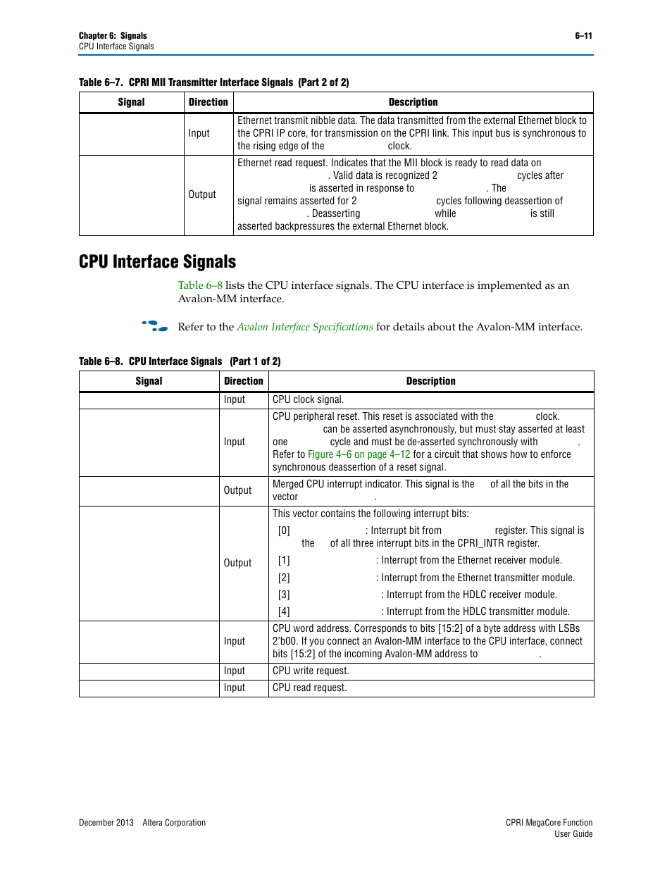 Cpu interface signals, Cpu interface signals –11 | Altera CPRI IP Core User Manual | Page 109 / 220