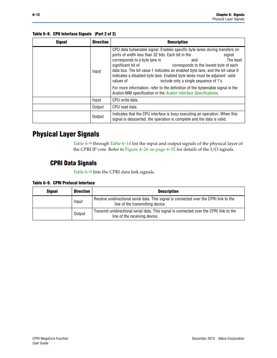 Physical layer signals, Cpri data signals, Physical layer signals –12 | Cpri data signals –12 | Altera CPRI IP Core User Manual | Page 110 / 220