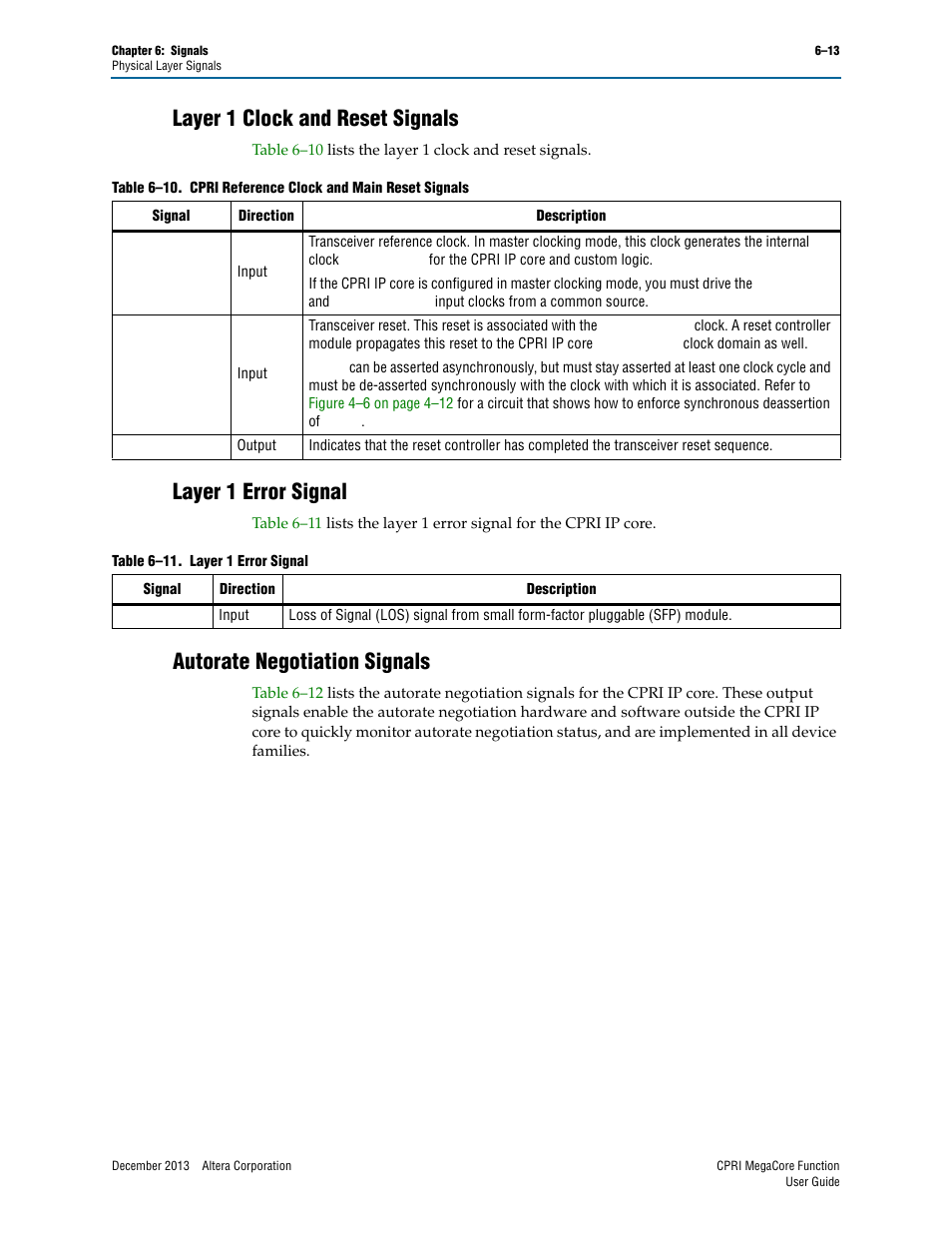 Layer 1 clock and reset signals, Layer 1 error signal, Autorate negotiation signals | Altera CPRI IP Core User Manual | Page 111 / 220