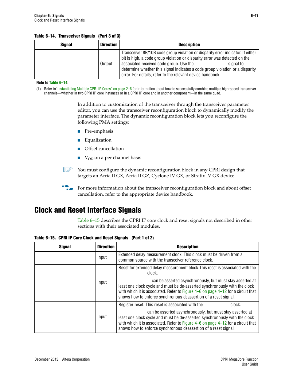 Clock and reset interface signals, Clock and reset interface signals –17, Table 6–15 | Altera CPRI IP Core User Manual | Page 115 / 220