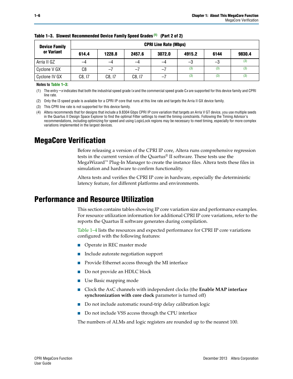 Megacore verification, Performance and resource utilization | Altera CPRI IP Core User Manual | Page 12 / 220