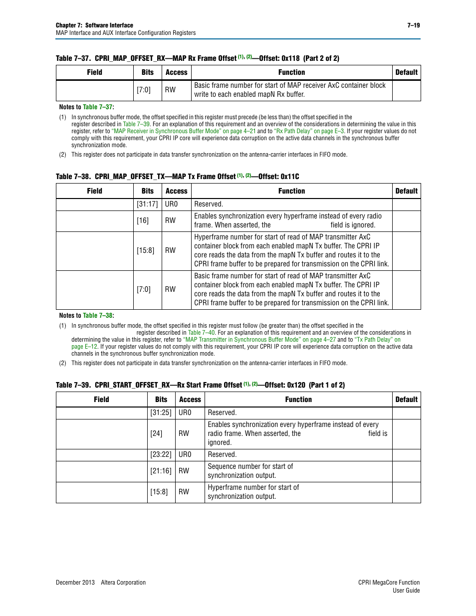 Rx frame offset, Offs | Altera CPRI IP Core User Manual | Page 135 / 220