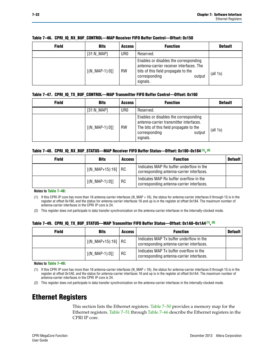 Ethernet registers, Ethernet registers –22, Table 7–48 on | Table 7–49 on, Table 7–49 | Altera CPRI IP Core User Manual | Page 138 / 220