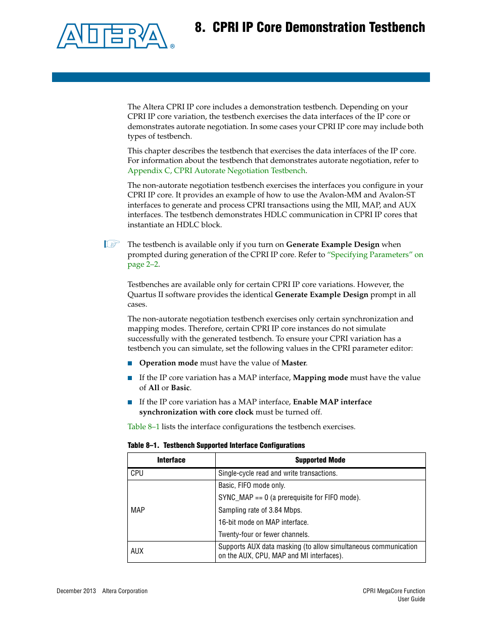 Cpri ip core demonstration testbench, Chapter 8. cpri ip core demonstration testbench, Chapter 8, cpri ip core demonstration testbench | Altera CPRI IP Core User Manual | Page 149 / 220