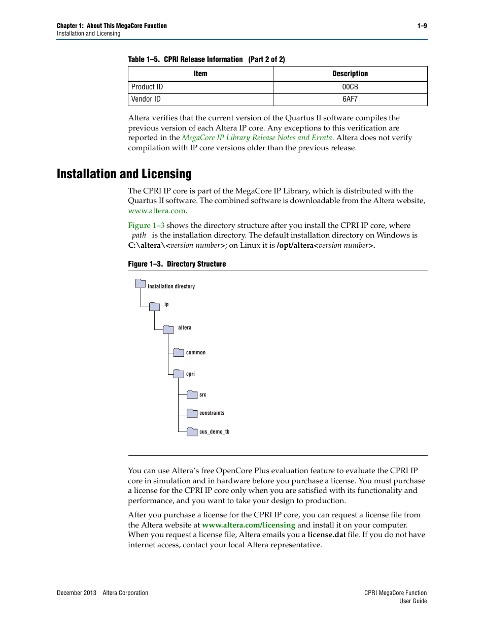 Installation and licensing, Installation and licensing –9 | Altera CPRI IP Core User Manual | Page 15 / 220