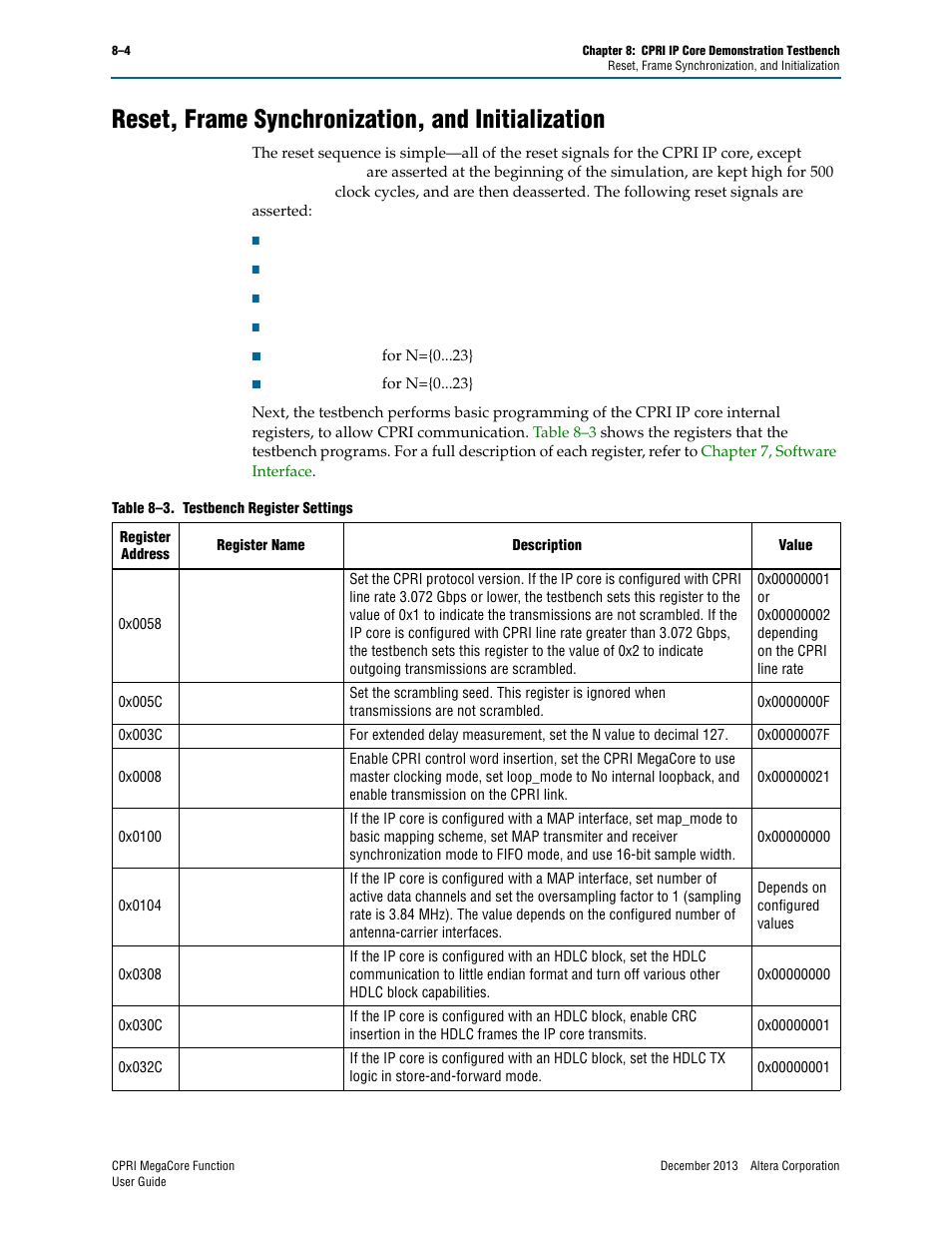 Reset, frame synchronization, and initialization | Altera CPRI IP Core User Manual | Page 152 / 220