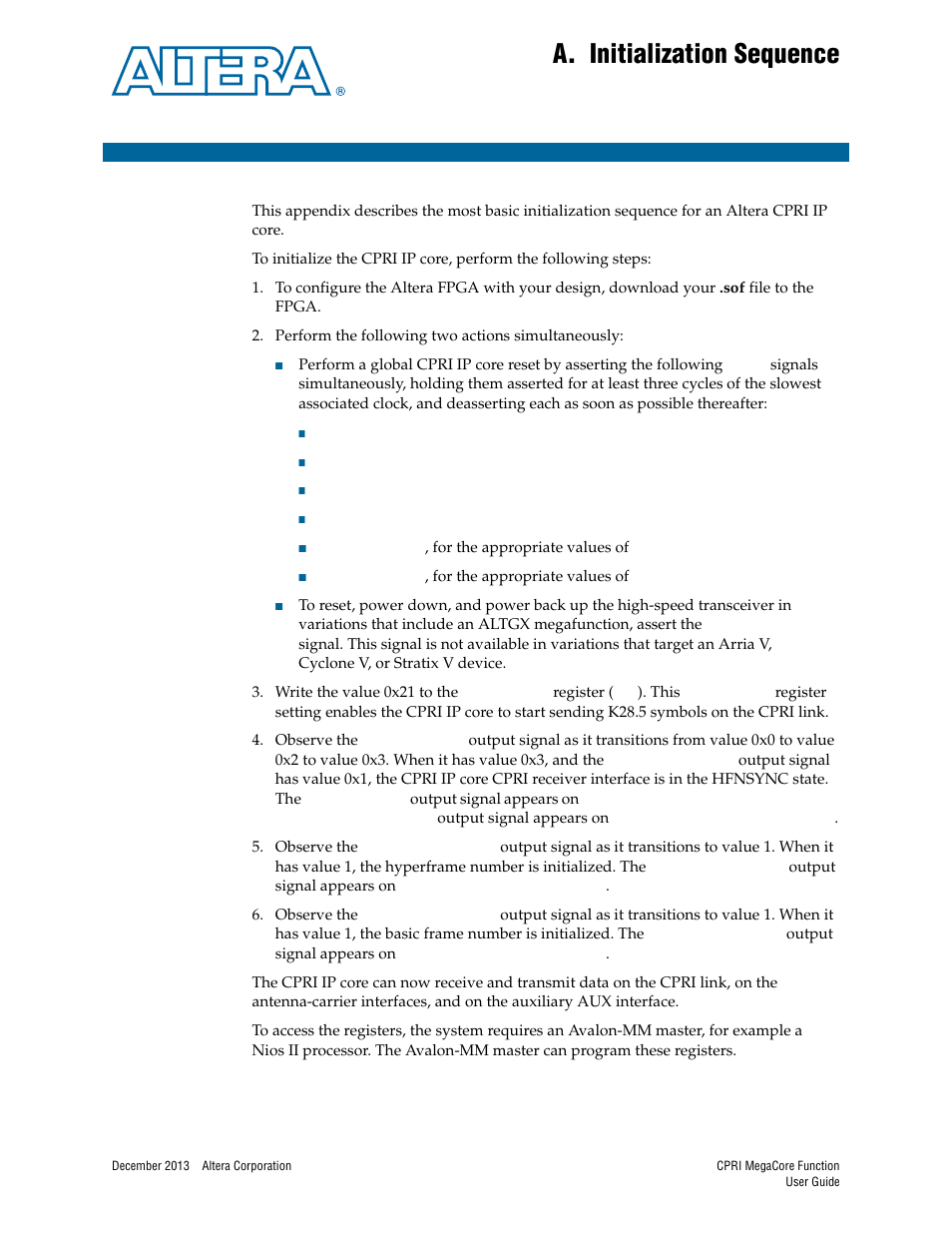 A. initialization sequence, Appendix a. initialization sequence, Appendix a, initialization sequence | Altera CPRI IP Core User Manual | Page 155 / 220