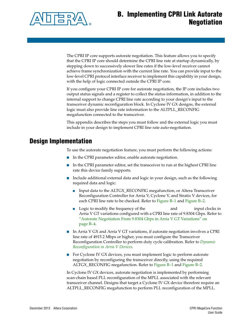 B. implementing cpri link autorate negotiation, Design implementation, Appendix b | Implementing cpri link autorate negotiation, Appendix b, implementing cpri link autorate, Negotiation, For information about how | Altera CPRI IP Core User Manual | Page 157 / 220