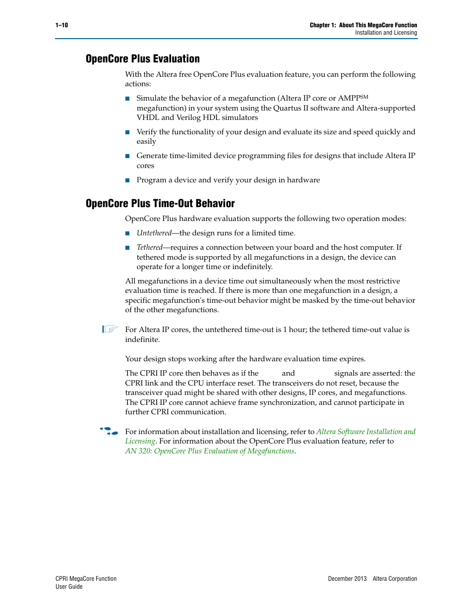 Opencore plus evaluation, Opencore plus time-out behavior | Altera CPRI IP Core User Manual | Page 16 / 220