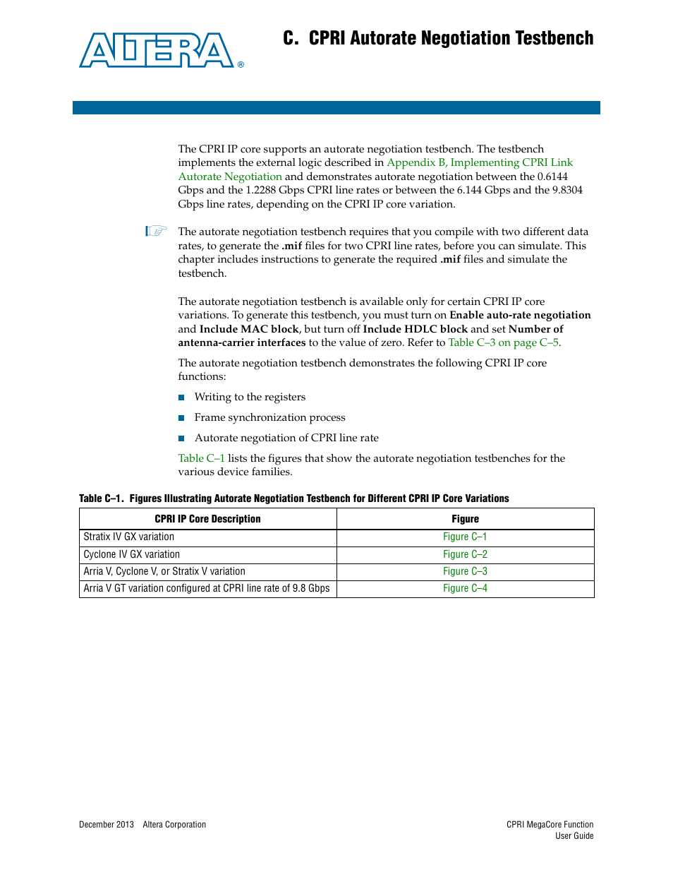 C. cpri autorate negotiation testbench, Appendix c. cpri autorate negotiation testbench, Appendix c, cpri autorate negotiation testbench | Appendix c, cpri autorate, Negotiation testbench, If yo, And to, For mor | Altera CPRI IP Core User Manual | Page 163 / 220