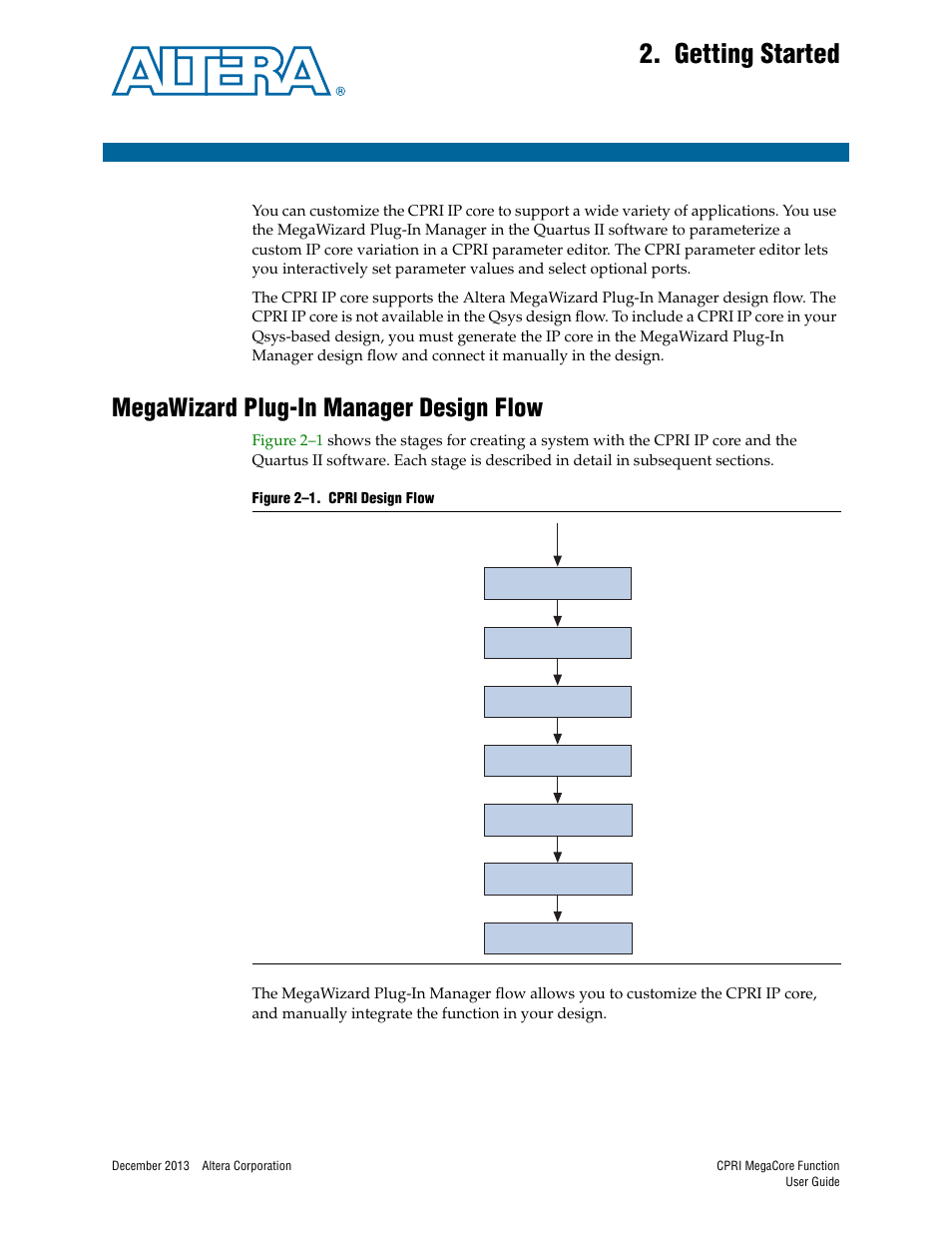 Getting started, Megawizard plug-in manager design flow, Chapter 2. getting started | Megawizard plug-in manager design flow –1 | Altera CPRI IP Core User Manual | Page 17 / 220