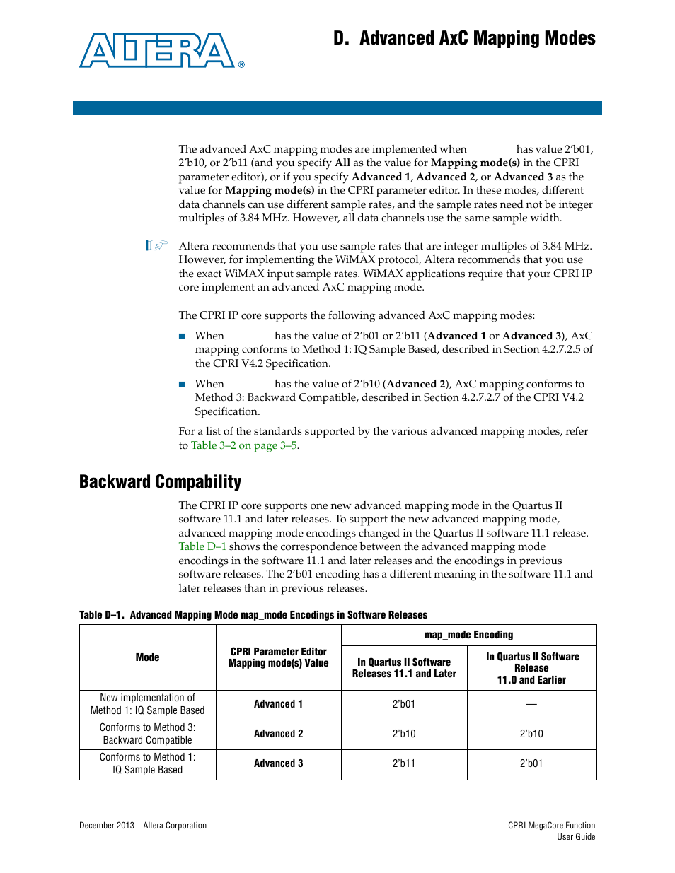 D. advanced axc mapping modes, Backward compability, Appendix d. advanced axc mapping modes | Appendix d, advanced axc, Mapping modes, Appendix d, advanced axc mapping modes | Altera CPRI IP Core User Manual | Page 173 / 220