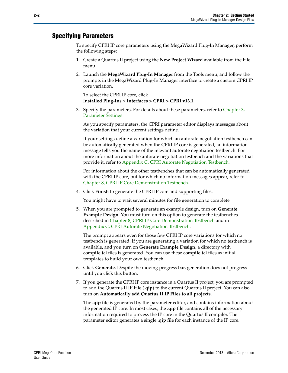 Specifying parameters, Specifying parameters –2 | Altera CPRI IP Core User Manual | Page 18 / 220