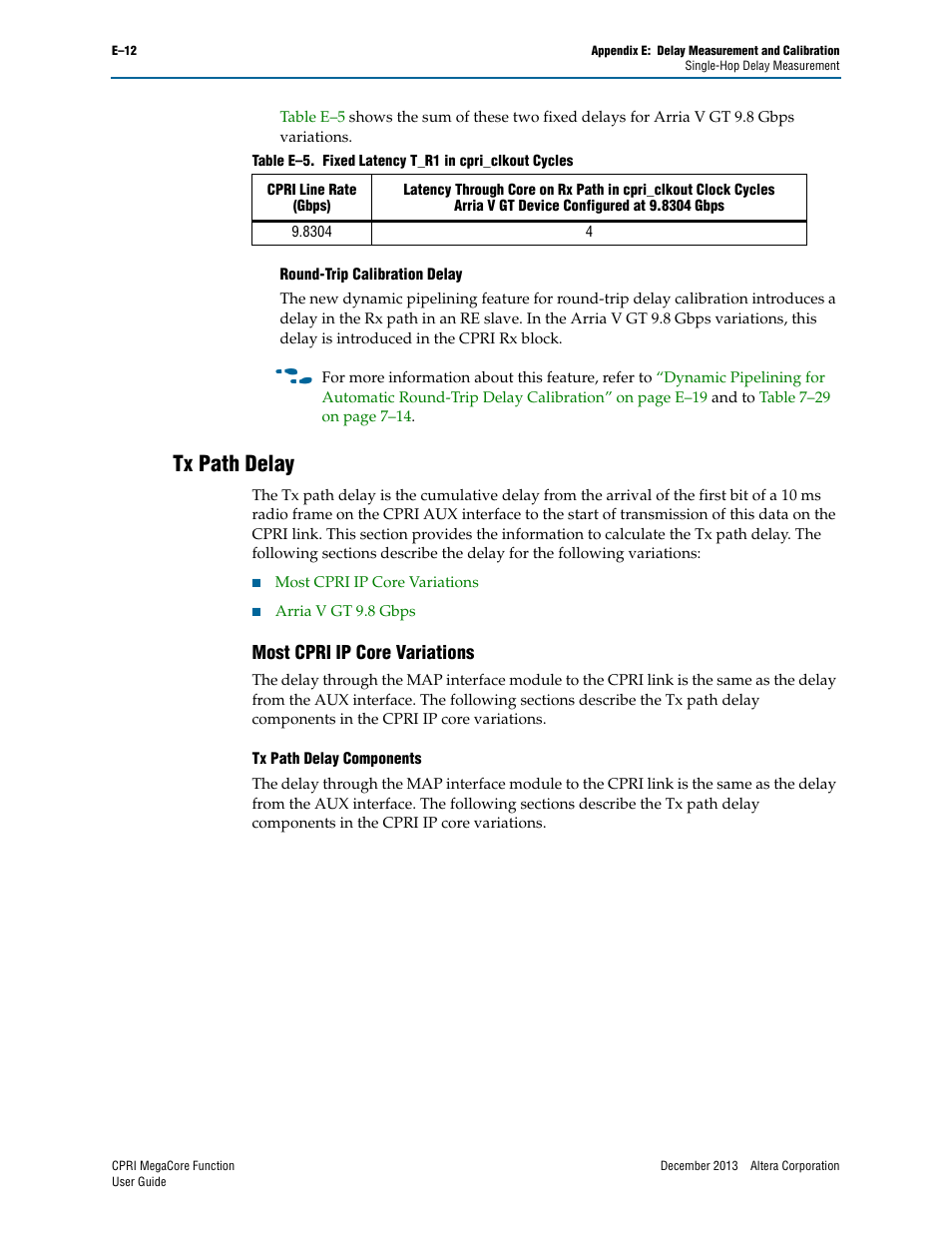 Tx path delay, Most cpri ip core variations, Tx path delay” on | Altera CPRI IP Core User Manual | Page 190 / 220