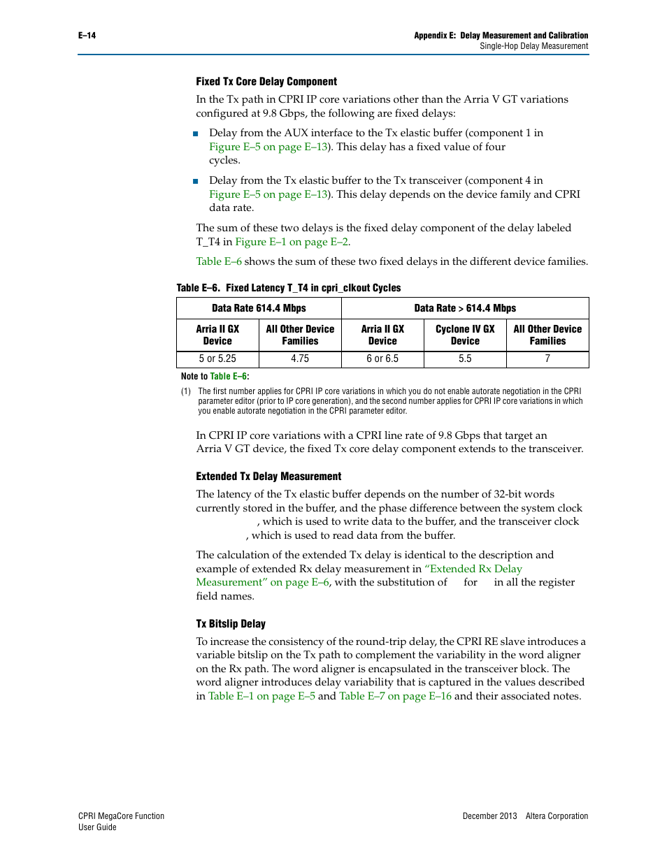 Extended tx delay, Table e–6 on, Extended tx | Delay measurement, R to, Tx bitslip delay” on, Fixed tx core | Altera CPRI IP Core User Manual | Page 192 / 220