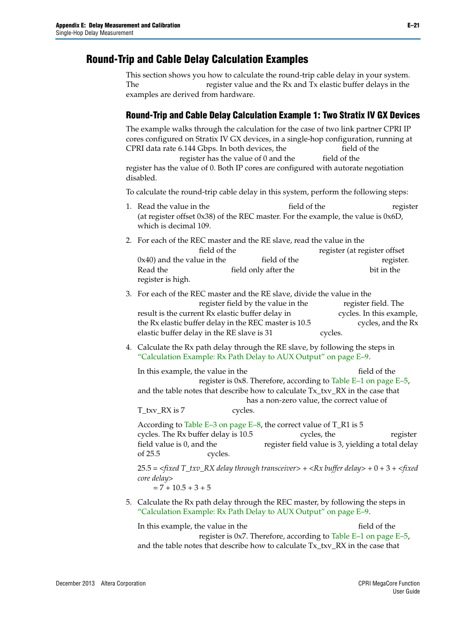 Round-trip and cable delay calculation examples | Altera CPRI IP Core User Manual | Page 199 / 220