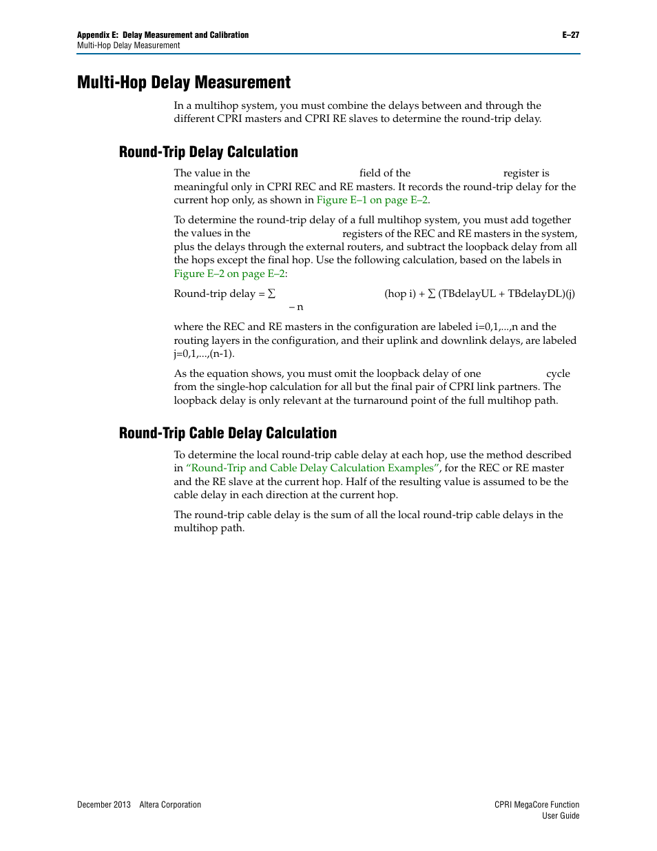 Multi-hop delay measurement, Round-trip delay calculation, Round-trip cable delay calculation | Altera CPRI IP Core User Manual | Page 205 / 220