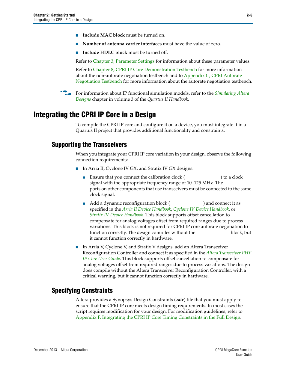 Integrating the cpri ip core in a design, Supporting the transceivers, Specifying constraints | Integrating the cpri ip core in a design –5 | Altera CPRI IP Core User Manual | Page 21 / 220
