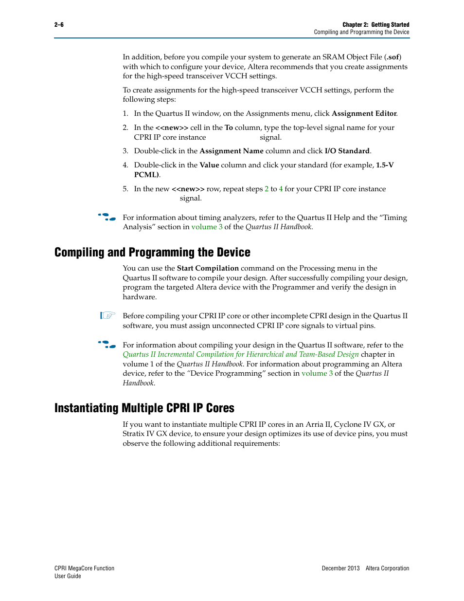 Compiling and programming the device, Instantiating multiple cpri ip cores | Altera CPRI IP Core User Manual | Page 22 / 220