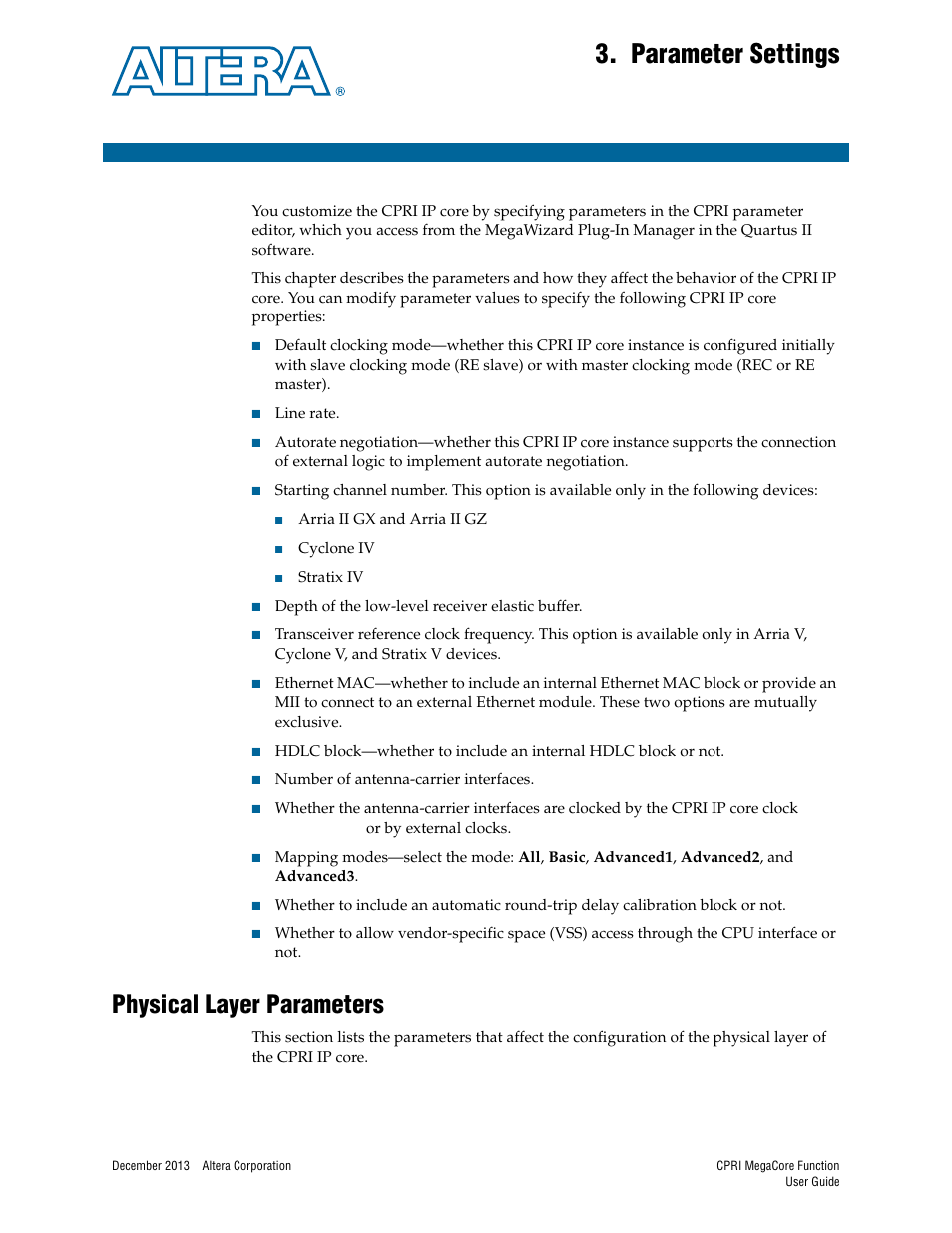 Parameter settings, Physical layer parameters, Chapter 3. parameter settings | Physical layer parameters –1, Chapter 3, parameter settings, Chapter 3, For info | Altera CPRI IP Core User Manual | Page 25 / 220