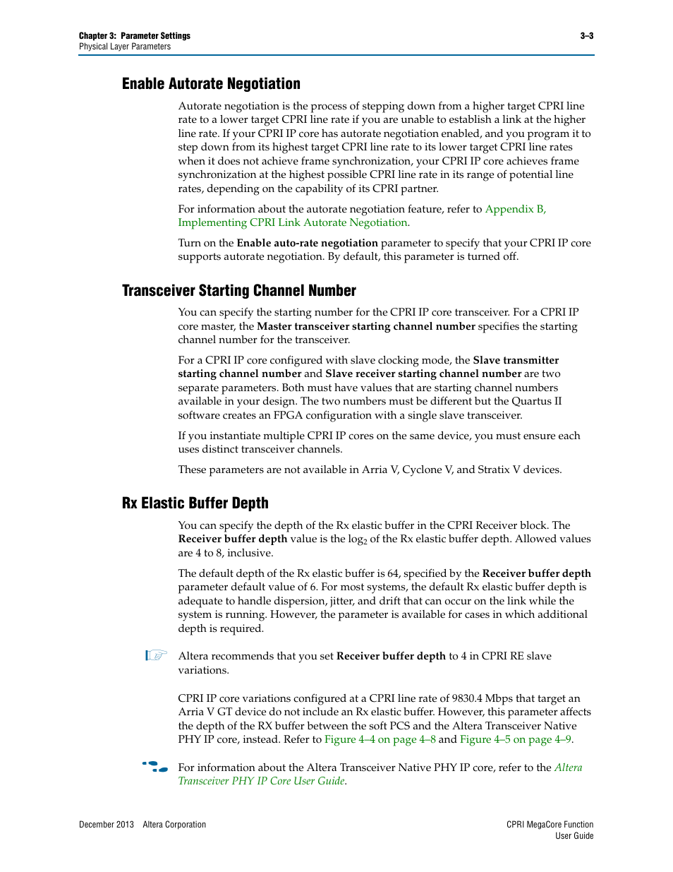 Enable autorate negotiation, Transceiver starting channel number, Rx elastic buffer depth | Altera CPRI IP Core User Manual | Page 27 / 220