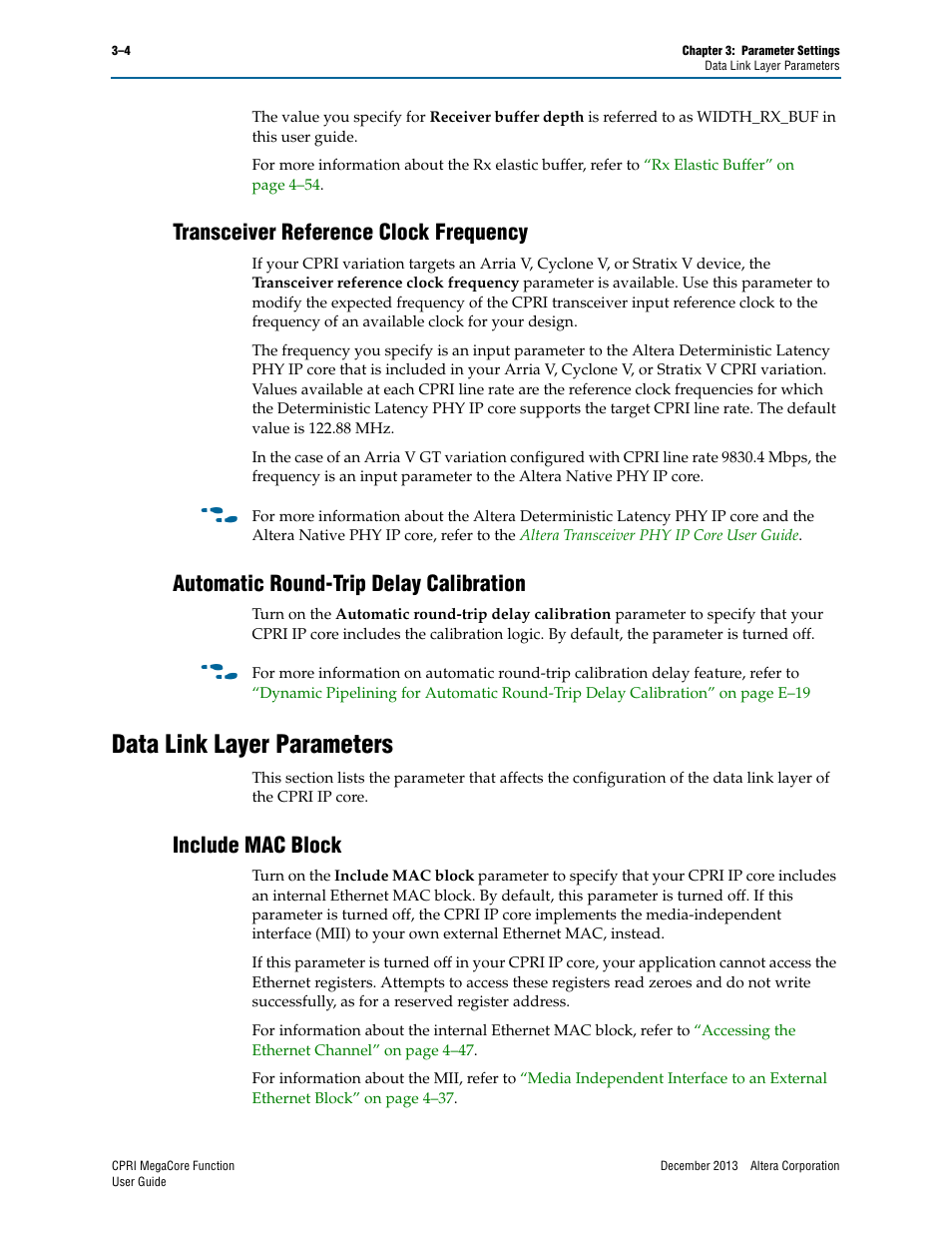 Transceiver reference clock frequency, Automatic round-trip delay calibration, Data link layer parameters | Include mac block, Data link layer parameters –4, Include mac block –4 | Altera CPRI IP Core User Manual | Page 28 / 220