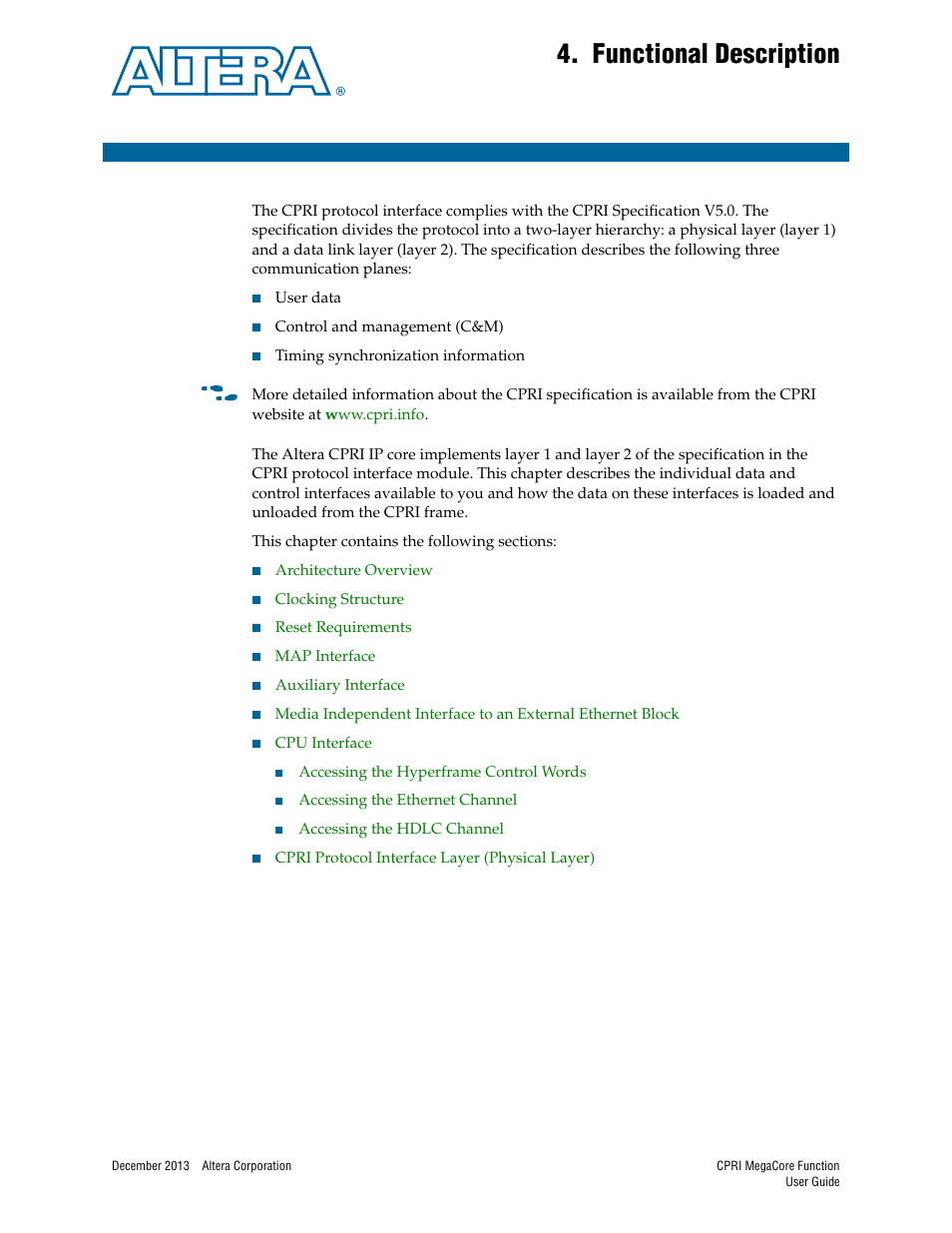 Functional description, Chapter 4. functional description, Chapter 4 | Altera CPRI IP Core User Manual | Page 33 / 220