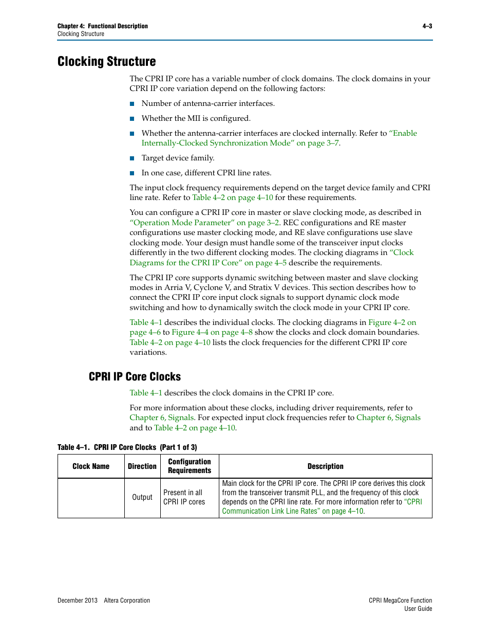Clocking structure, Cpri ip core clocks, Clocking structure –3 | Cpri ip core clocks –3 | Altera CPRI IP Core User Manual | Page 35 / 220
