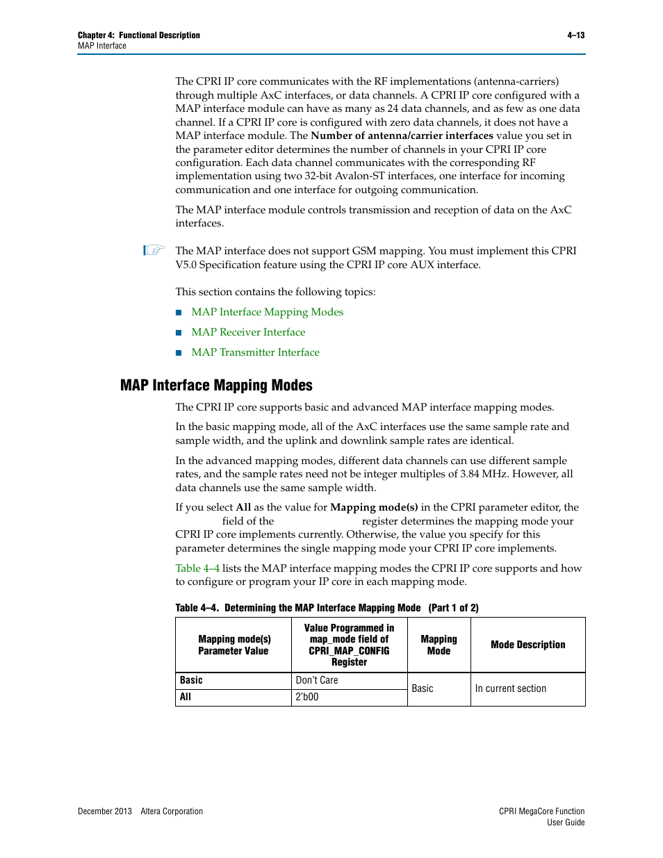 Map interface mapping modes, Map interface mapping modes –13 | Altera CPRI IP Core User Manual | Page 45 / 220