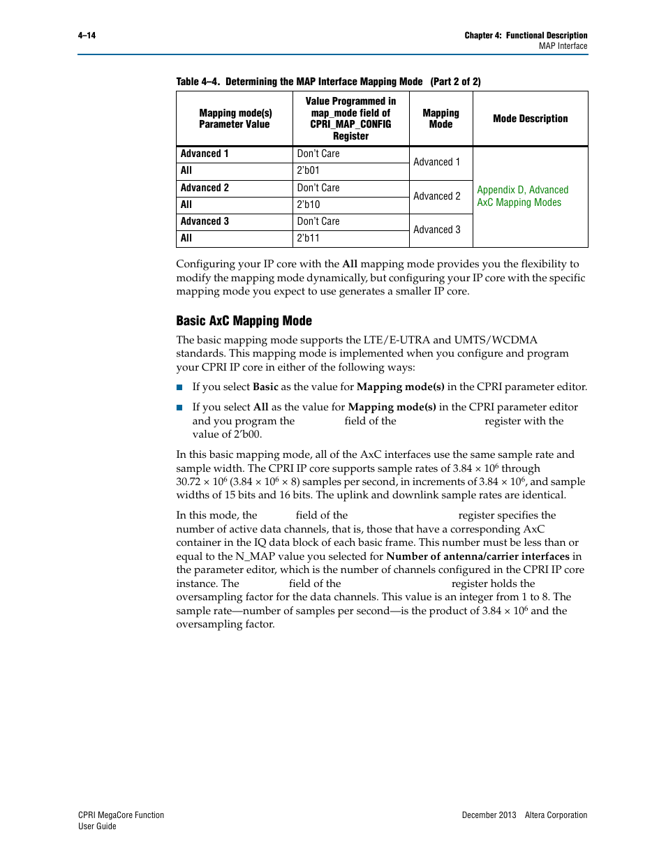 Basic axc mapping mode, Basic axc mapping mode –14 | Altera CPRI IP Core User Manual | Page 46 / 220