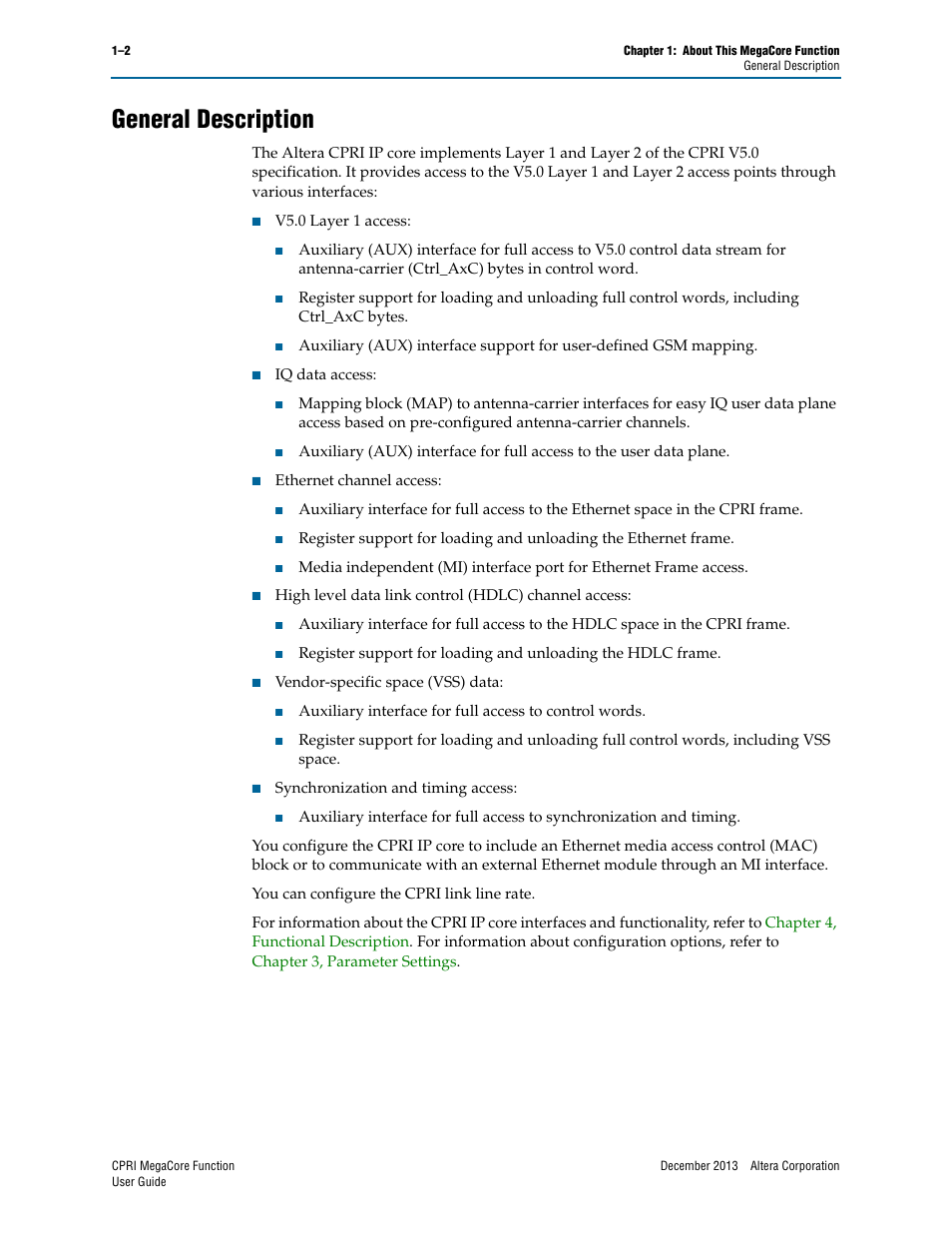General description, General description –2 | Altera CPRI IP Core User Manual | Page 8 / 220