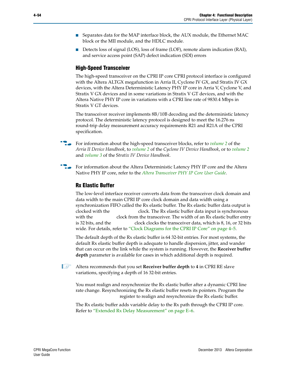 High-speed transceiver, Rx elastic buffer, High-speed transceiver –54 rx elastic buffer –54 | Fer to, Rx elastic buffer” on | Altera CPRI IP Core User Manual | Page 86 / 220