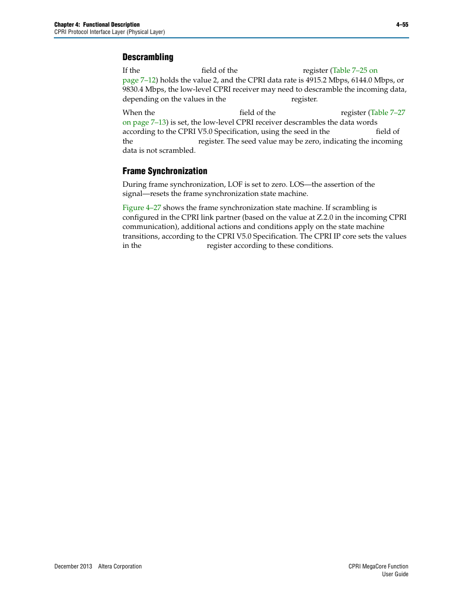 Descrambling, Frame synchronization, Descrambling –55 frame synchronization –55 | Altera CPRI IP Core User Manual | Page 87 / 220