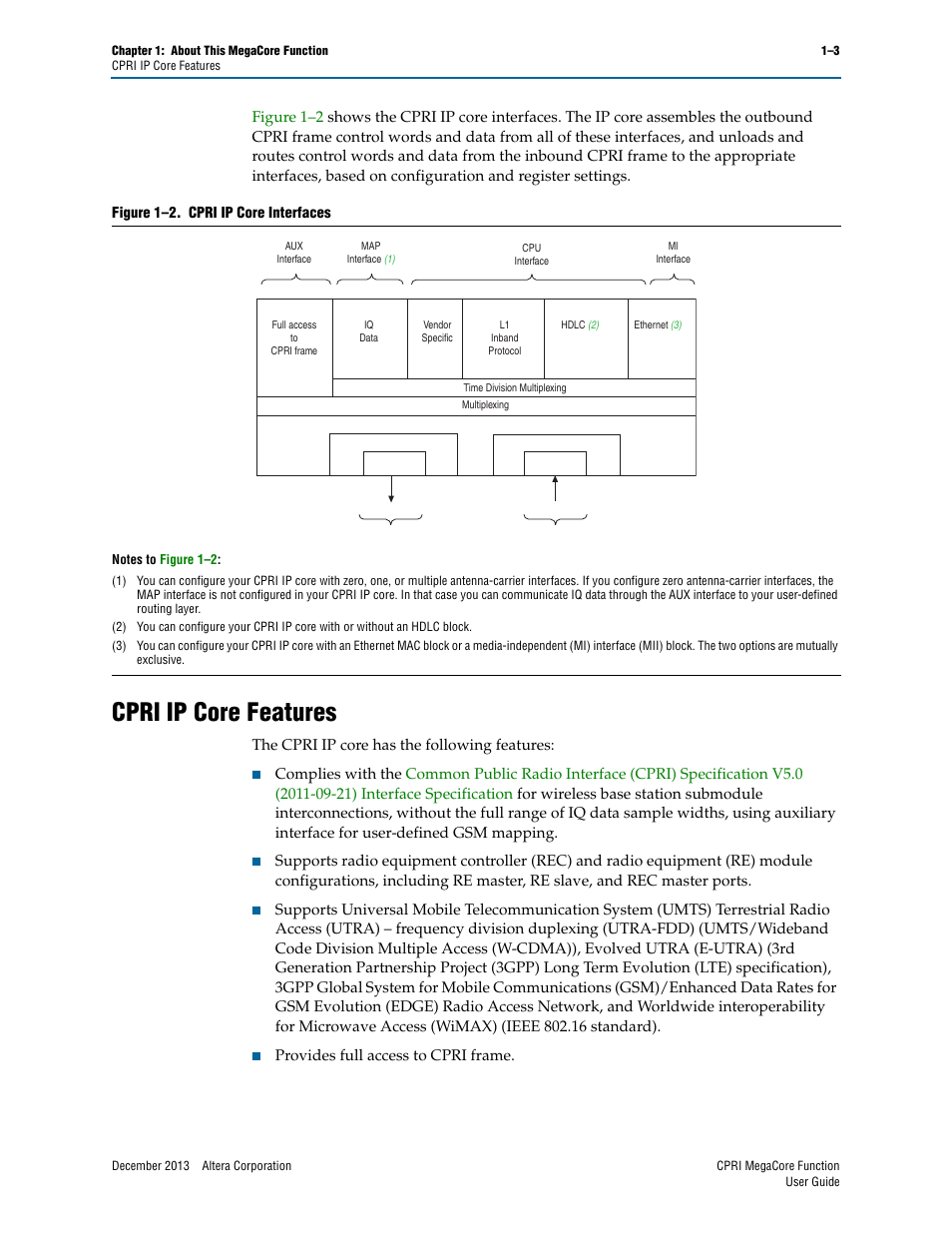 Cpri ip core features, Cpri ip core features –3 | Altera CPRI IP Core User Manual | Page 9 / 220