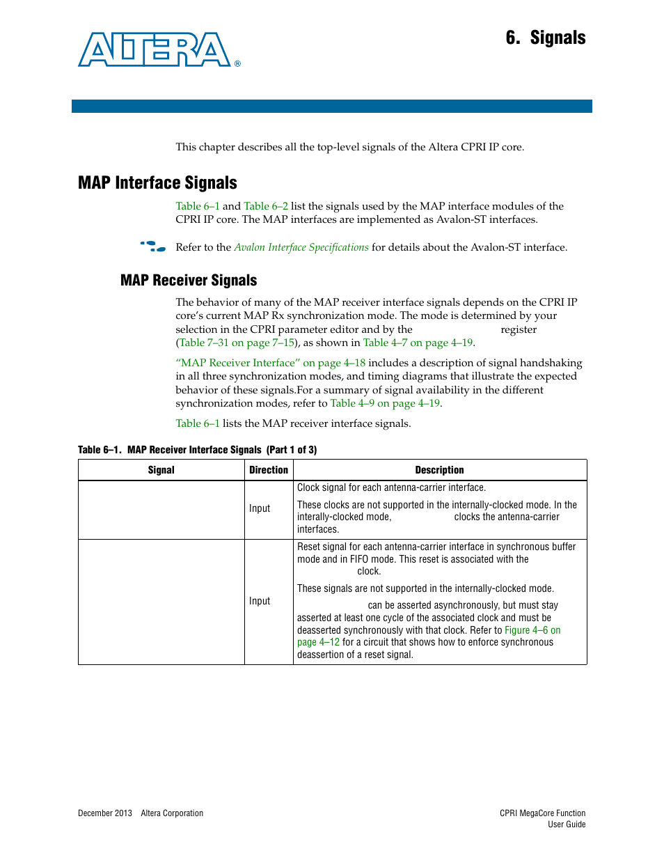 Signals, Map interface signals, Map receiver signals | Chapter 6. signals, Map interface signals –1, Map receiver signals –1, Chapter 6, signals, Chapter 6, Map receiver signals” on, Er to | Altera CPRI IP Core User Manual | Page 99 / 220