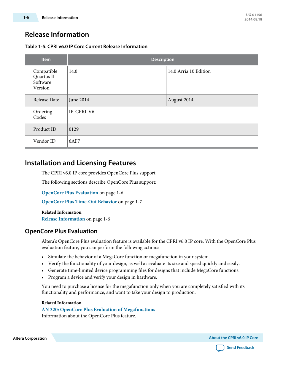 Release information, Installation and licensing features, Opencore plus evaluation | Release information -6, Installation and licensing features -6, Opencore plus evaluation -6 | Altera CPRI v6.0 MegaCore Function User Manual | Page 10 / 115