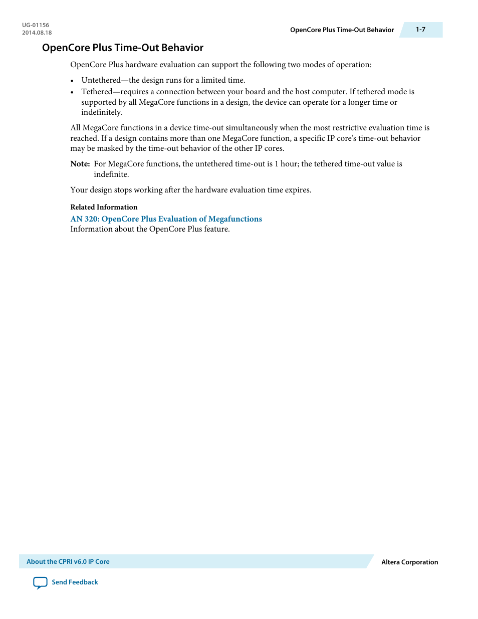 Opencore plus time-out behavior, Opencore plus time-out behavior -7 | Altera CPRI v6.0 MegaCore Function User Manual | Page 11 / 115