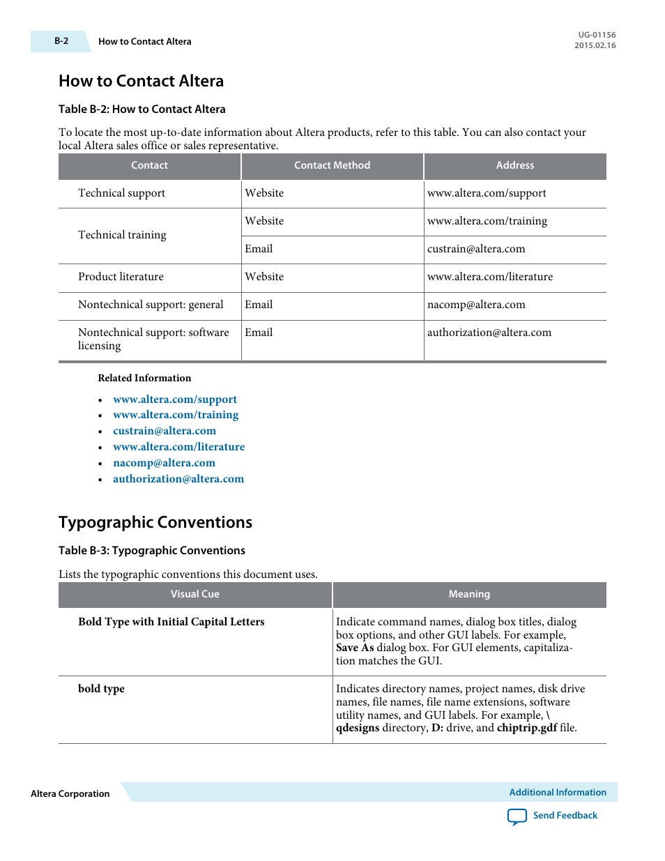 How to contact altera, Typographic conventions | Altera CPRI v6.0 MegaCore Function User Manual | Page 114 / 115