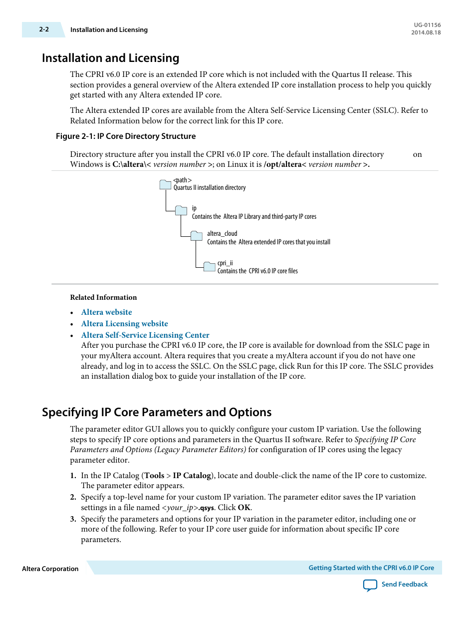 Installation and licensing, Specifying ip core parameters and options, Installation and licensing -2 | Specifying ip core parameters and options -2 | Altera CPRI v6.0 MegaCore Function User Manual | Page 13 / 115